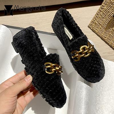 Модные зимние меховые туфли женские брендовые дизайнерские туфли на плоской подошве с металлическими цепочками теплые удобные мокасины женские мокасины из овечьей шерсти флисовые туфли