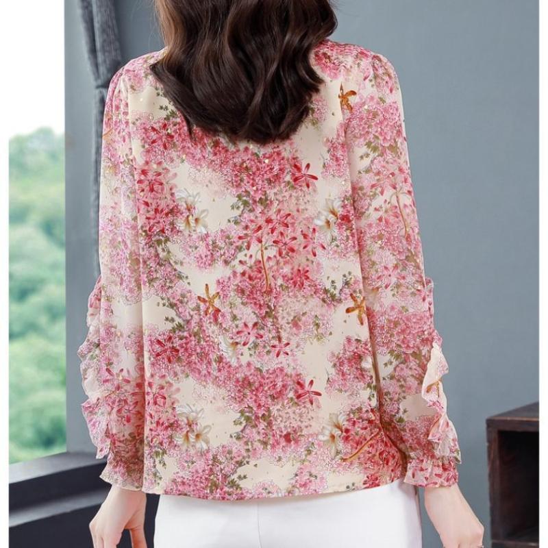 Шифоновая рубашка с цветочным принтом, женская весна/лето, новая корейская блузка с воротником-шарфом и бантом, модная свободная блузка с длинными рукавами