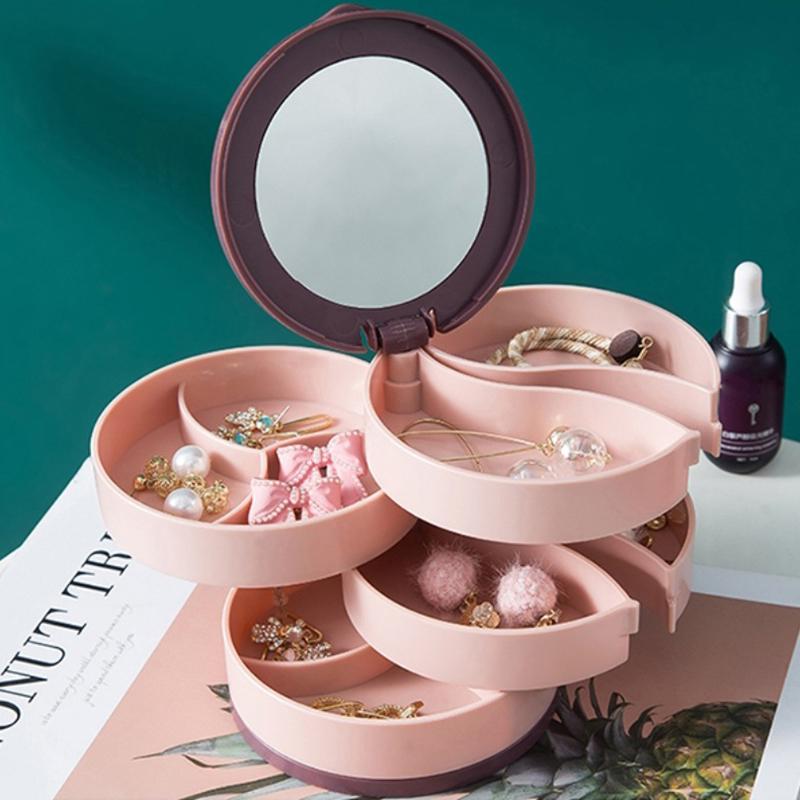 Вращающаяся шкатулка для украшений, многослойное косметическое зеркало для колец, ожерелий, сережек, органайзер для украшений, вместительная пылезащитная коробка для хранения