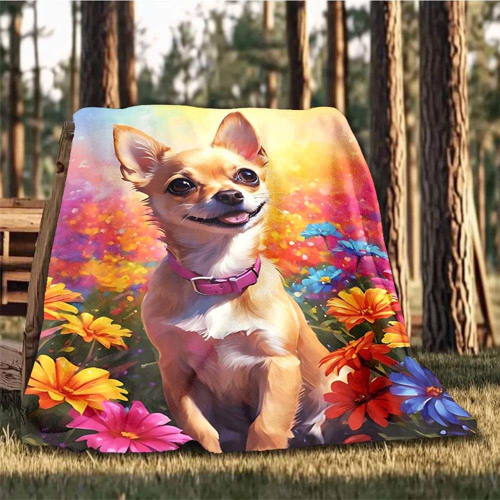 1pc Floral Garden Dog Outdoor Soft Polyester Flannel Throw Blanket Versatile for All Seasons , Soft , Cozy , Warm All Season Quilted Throw ,