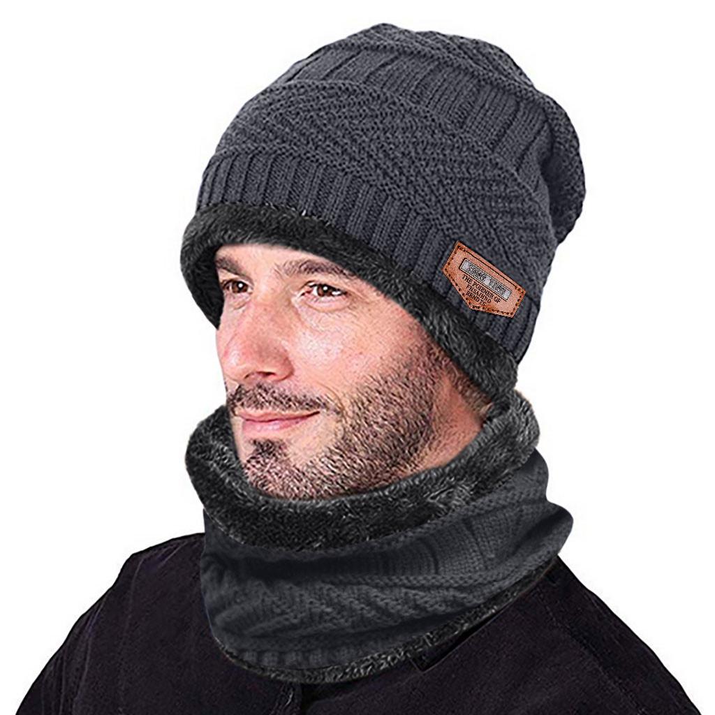 Men Warm Winter Thicken Hat And Scarf Two-Piece Knit Windproof Cap