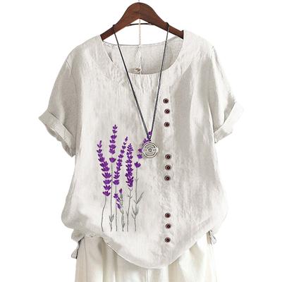 Непринужденный стильный женский топ с круглым вырезом, цветочным принтом и украшением на пуговицах