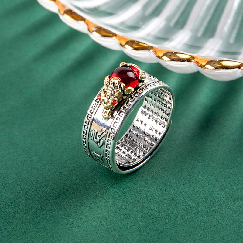 Китайский фэн-шуй Pixiu кольцо винтажное посеребренное сердце сутра амулет защита богатство удача открытое регулируемое кольцо буддийские украшения для женщин мужчин подарок