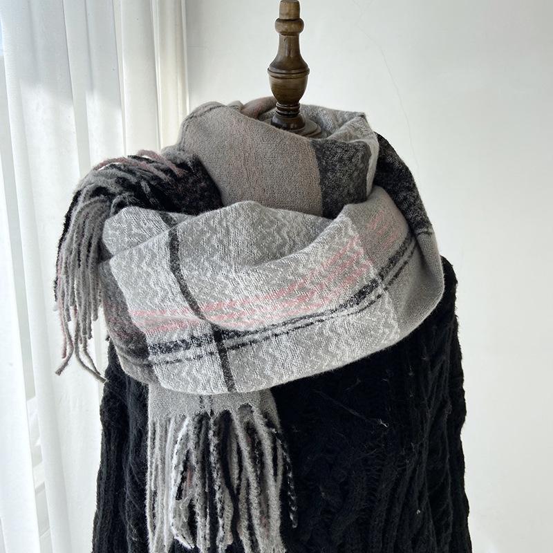 Scarf For Women, Autumn And Winter, High-End Feeling, Imitation Cashmere Plaid Tassel Shawl, Student Thick And Warm Scarf