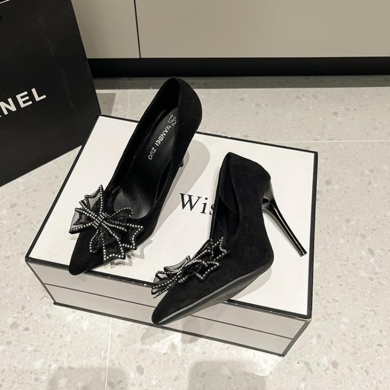 Fashion French High Heels 2024 New Solid Color Commuting Bow Decoration Pointed Thin Heel Luxury Design Work Women's Shoes Zapatos Mujer