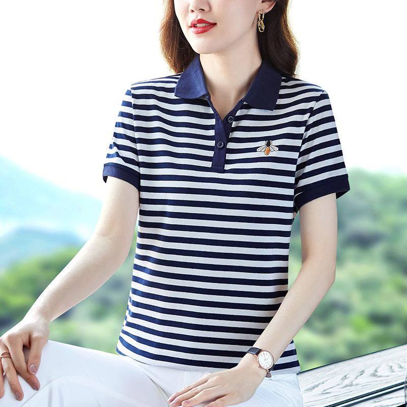 YYFS Женские модные повседневные летние весенние полосатые рубашки с короткими рукавами и воротником-поло с принтом, блузки и рубашки