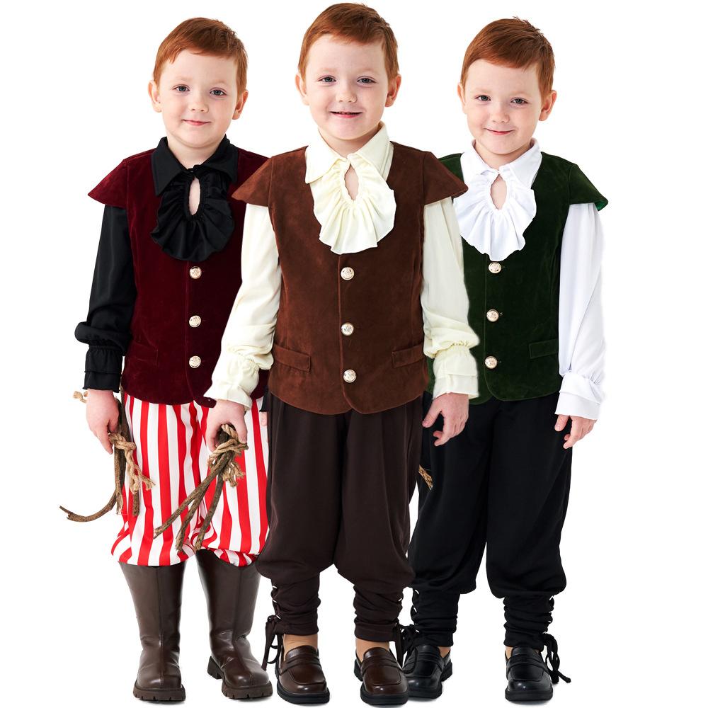Kids Boys Vampire Renaissance Ruffle Pirate Knight Vest T Shirt Pants Set Children Halloween Cosplay Costumes Role Play Outfit