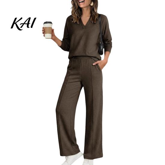 Women Sweatshirt Pants 2-Piece Set, V-Neck Long Sleeve Top & Wide Two Piece Sets Leg Trousers with Elastic Waist, Solid Color Matching Lounge Set