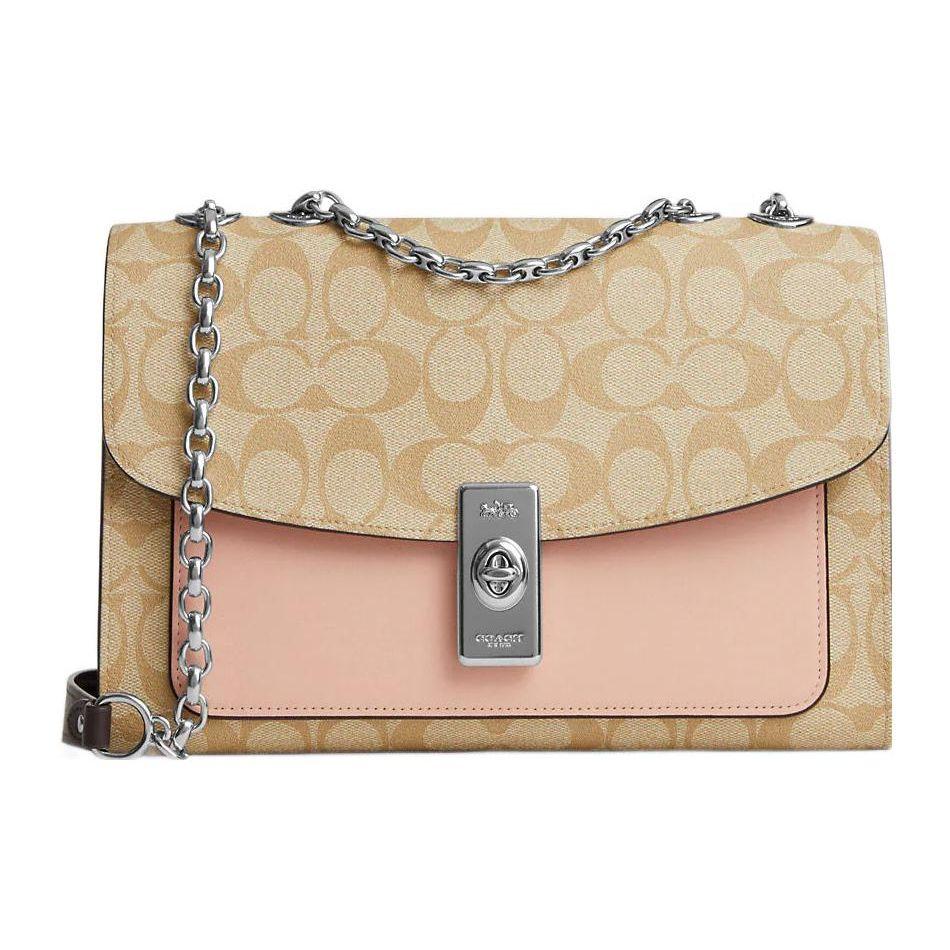 Coach Lane 26 Monogram Flap Color Block Coated Canvas And Smooth Leather Satchel Chain Crossbody Shoulder Bag Medium Women bags CJ861-SVVSB