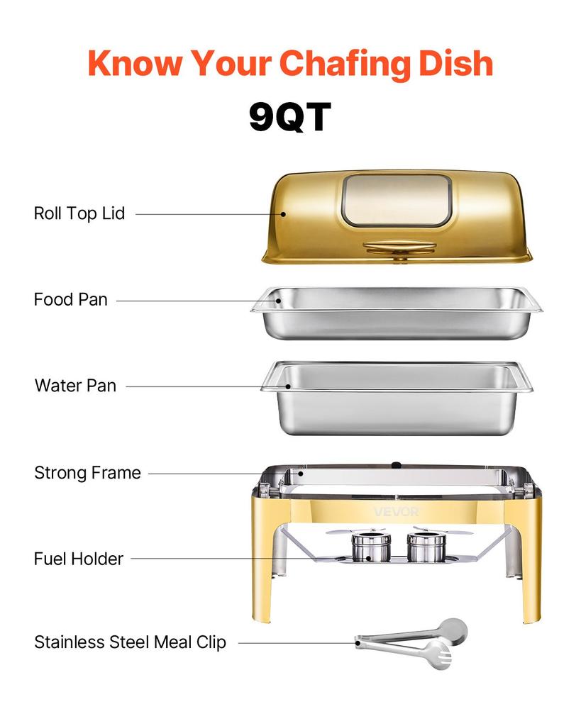 VEVOR Roll Top Chafing Dish Buffet Complete Set, 9Qt Stainless Steel Chafer with Full Size Pan