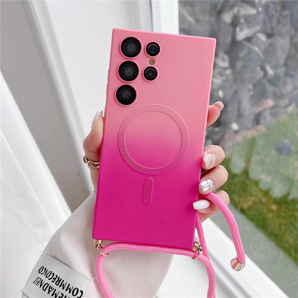 Necklace Magnetic Lanyards Wireless Charge Gradient Pattern Case For Samsung S23 S24 Ultra S22 Plus Silicone Cover For Iphone 15 14 13 12 11 Pro Max