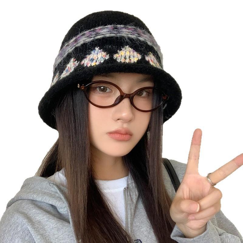 Fair Island wind jacquard bucket hat women's autumn and winter new warm and cold curling bucket hat versatile washbasin hat