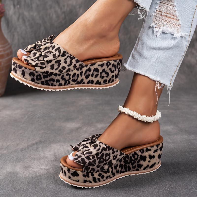 Women'S Stylish Leopard Print Wedge Sandals with Bow Detail - Non-Slip EVA Sole,High Heel Platform Shoes for Casual Wear, Casual Footwear Leopard
