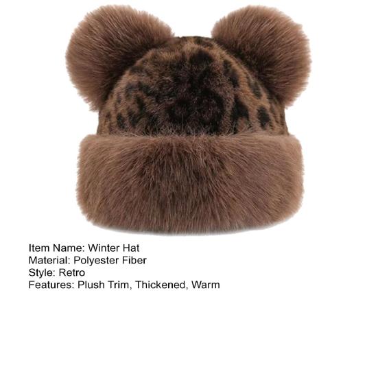 Winter Hat Retro Style Leopard Print Plush Trim Windproof Hat Bear Ear Decor Thickened Warm Women Hat