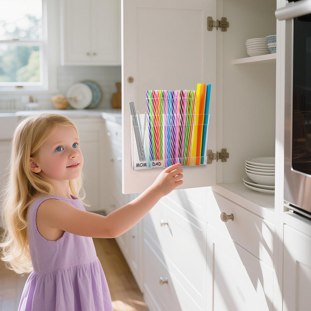 Large Acrylic Straw Holder For Cabinets With Adhesive Backing, Reusable Glass Straw Storage Box For Kitchen Counter Cabinet Doors