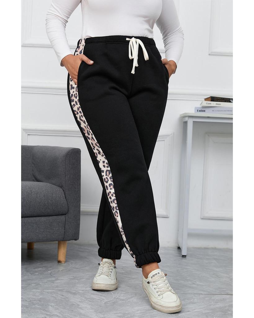 Azura Exchange Black Plus Size Contrast Leopard Side Panel Joggers