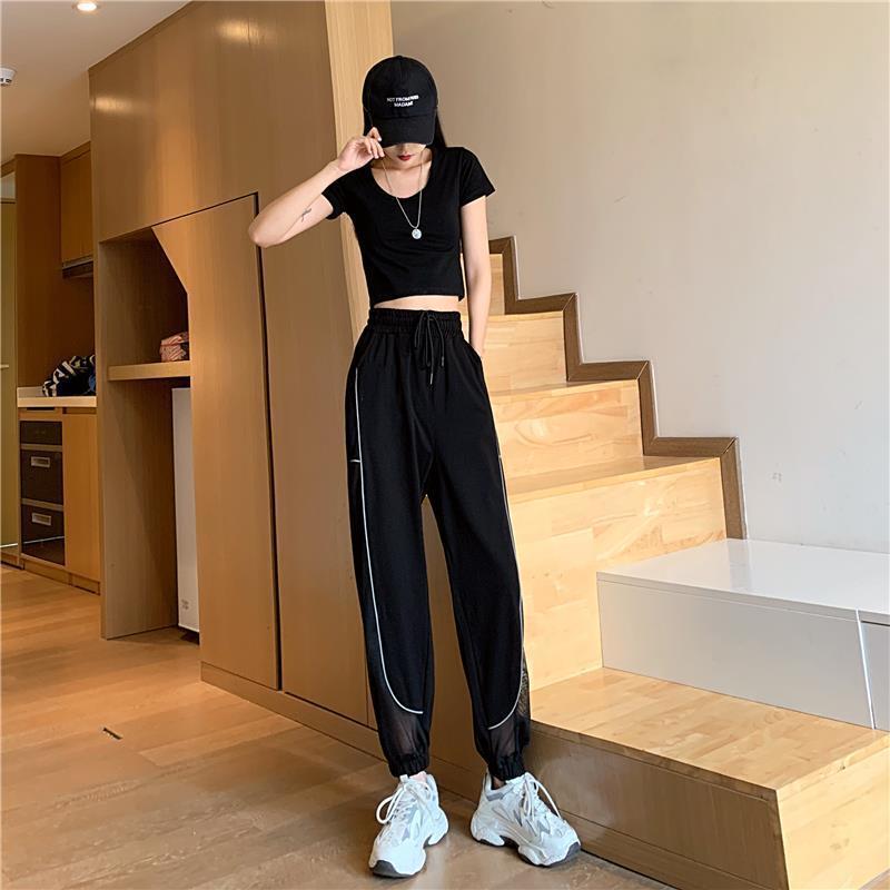 Сетчатые брюки со светоотражающими полосками, летние корейские тонкие повседневные брюки с высокой талией, женские спортивные брюки