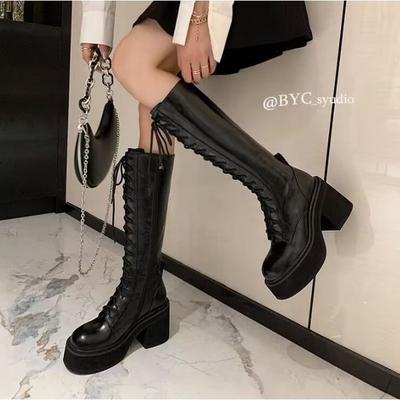 Han Chao Super Hot Girls Fried Street Boots Knight Boots 2025 Осень-зима Нишевый дизайн Сапоги на толстой подошве и высоком каблуке