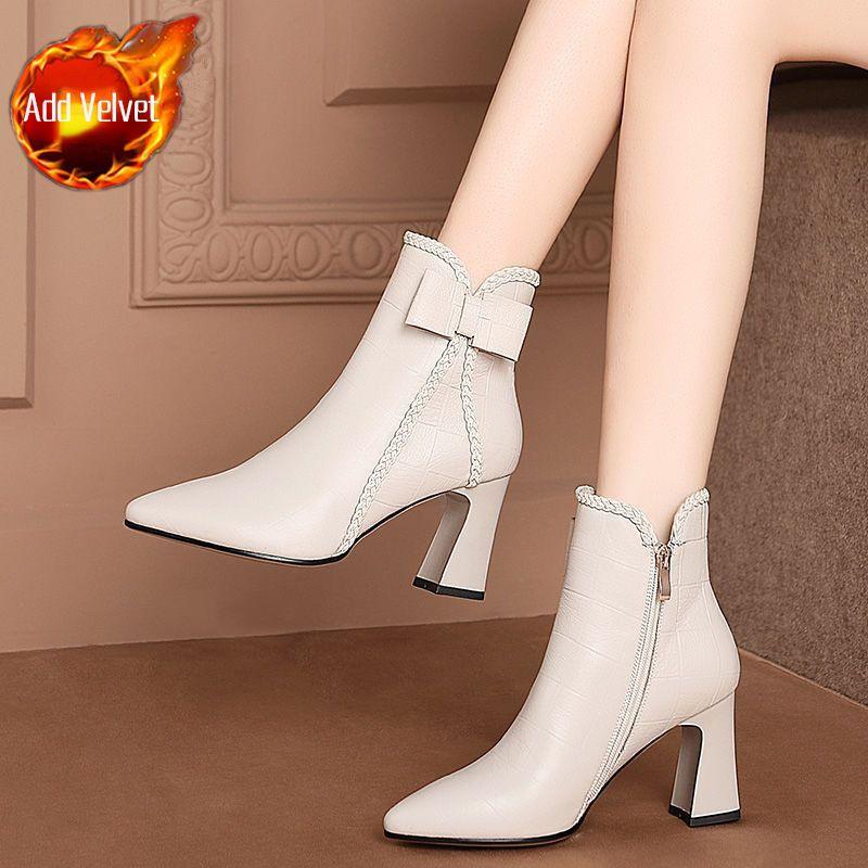 Теплые ботильоны с острым носком, водонепроницаемые кожаные ботильоны до щиколотки для женщин, осенне-зимние, на каблуке, женские короткие туфли, дизайнерские, роскошные, из ПУ