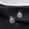 1 Pair Women Retro Hook Earrings Engraved Design Boho Faux Turquoise Dangle Earrings Vintage Ethnic Style Earrings Jewelry Gift