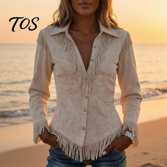 Slim Fit Fringe Blouse Women Tassel Shirt for Autumn, Button Down Everyday Wear Blouse, Solid Color Casual Long Sleeve Top, Western Cowgirl