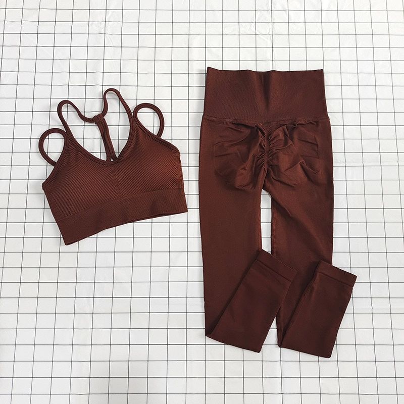 Suit for Women, Two-Piece Running Training Set, European and American Style Yoga Straps, Beautiful Back Design, Fitness High-Waisted Peach Pants