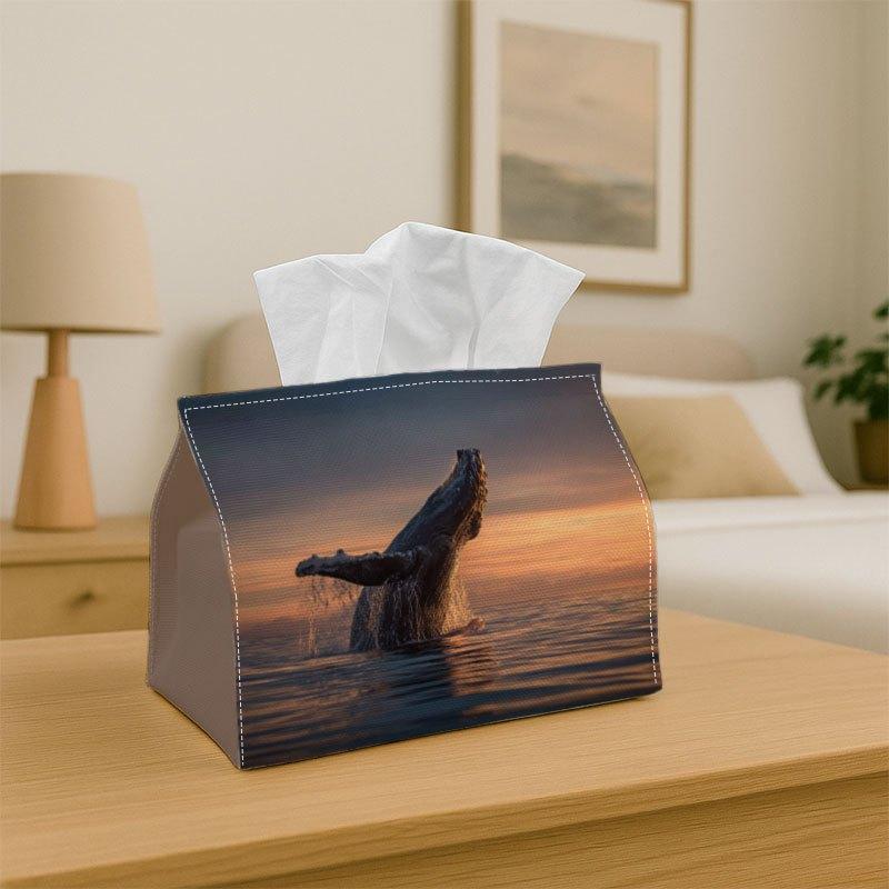1pc Tissue Box Holder Featuring a Magnificent Whale Leaping Out of The Ocean at Sunset - A Versatile Napkin Dispenser Suitable for Home Gatherings, Ca