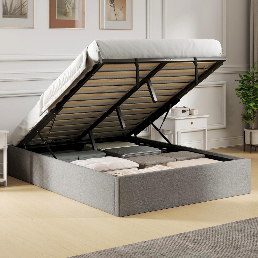 Double Storage Bed 190x140 cm, Wooden Slats, Gas Piston and Fabric Upholstery, Grey