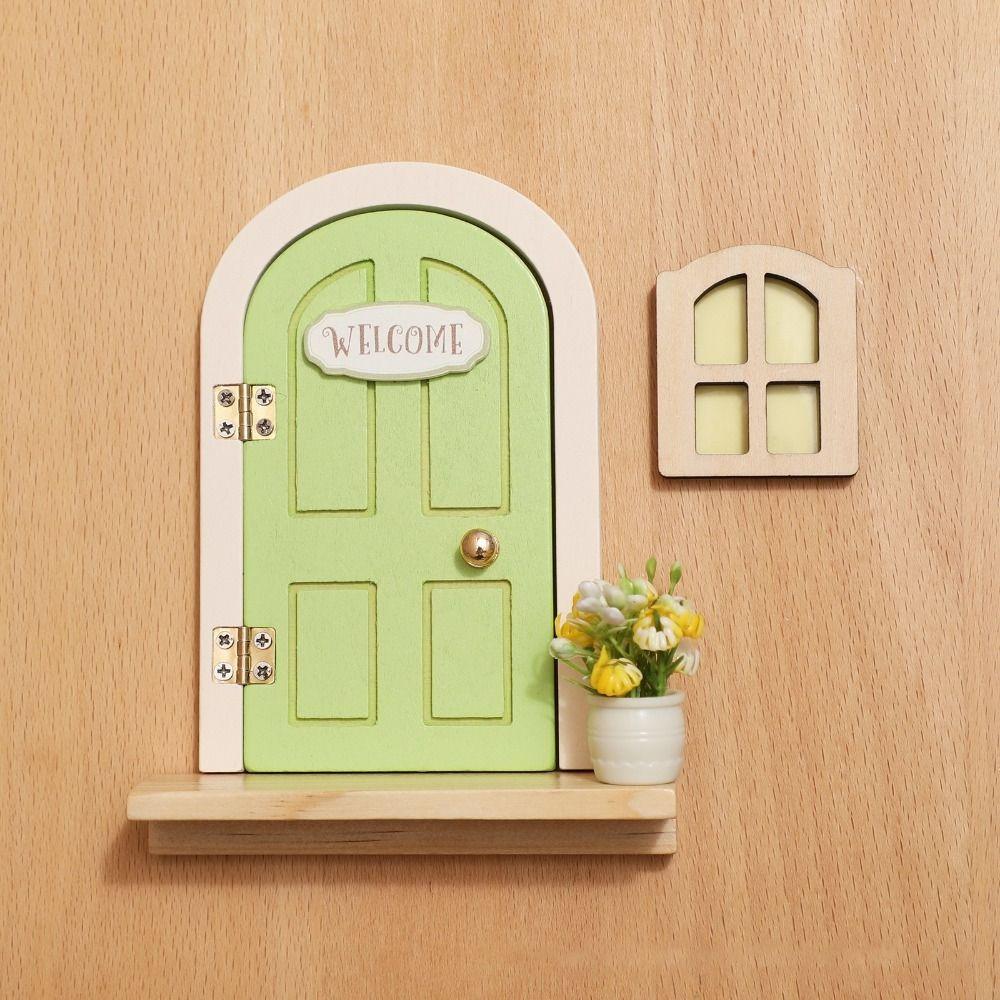Mini Wooden Fairy Elf Door Set Simulation Balcony Fairy Door Cartoon Kids Toys Home Decor