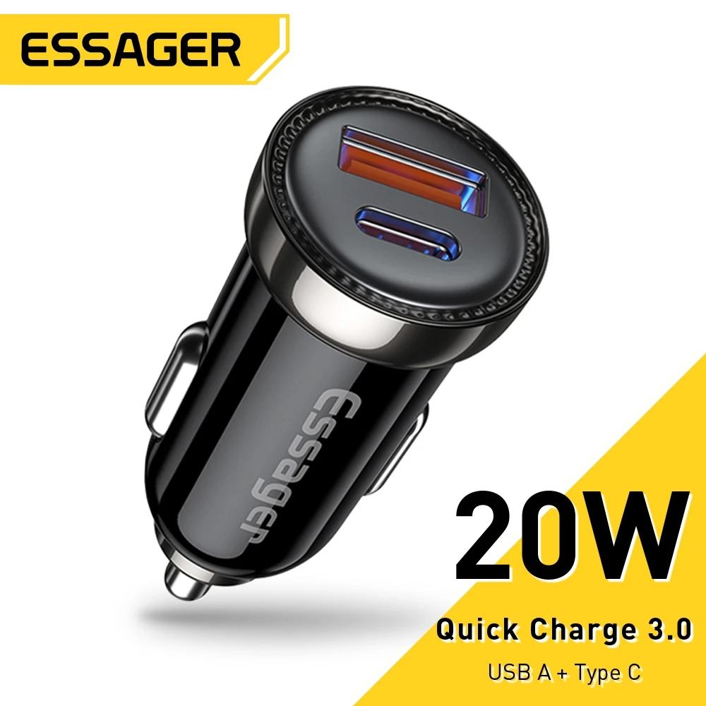 Essager Автомобильное зарядное устройство USB PD 20 Вт USB Type C для мобильного телефона, быстрая зарядка QC 3,0 для iPhone 14 Redmi Xiaomi Huawei, быстрая зарядка