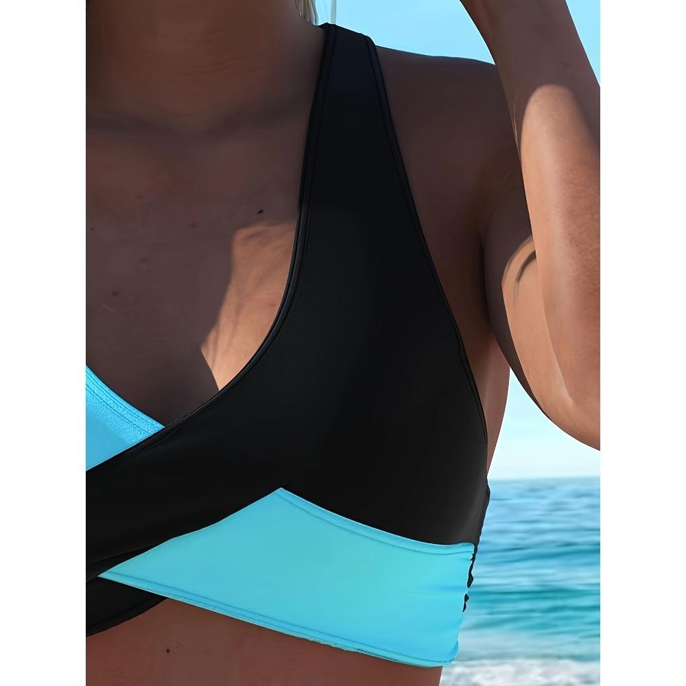 Комплект бикини из двух частей с цветными блоками и открытой спиной, эластичные купальники с завязками на шее, женская одежда для плавания и купальники