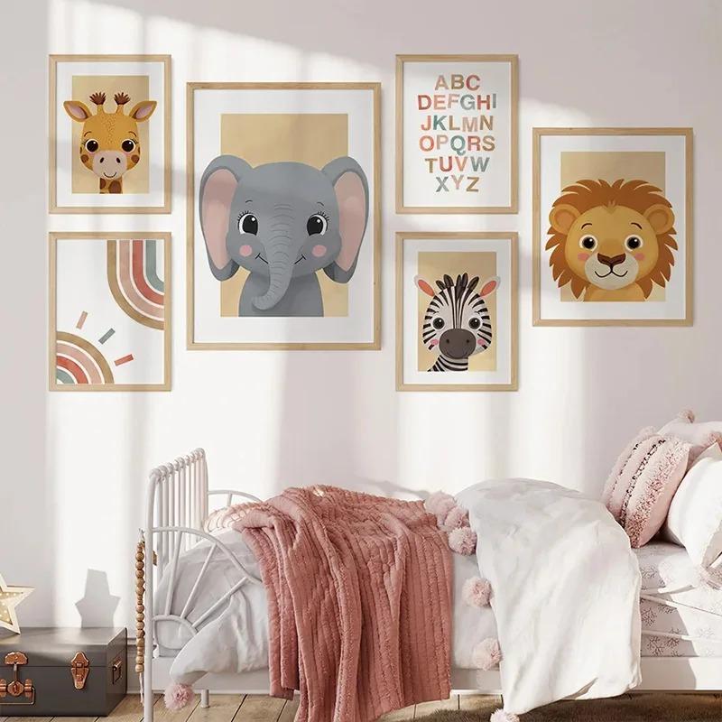 Cartoon Rainbow Elephant Lion Zebra Animal Posters Nursery Letter Wall Art Canvas Painting for Baby Bedroom Kids Room Decoration