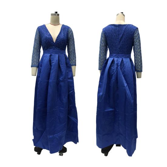 Sexy Deep V-Neck Maxi Dress for Women Sheer Lace Long Sleeve High Split Cocktail Party Dress Formal Evening Gown