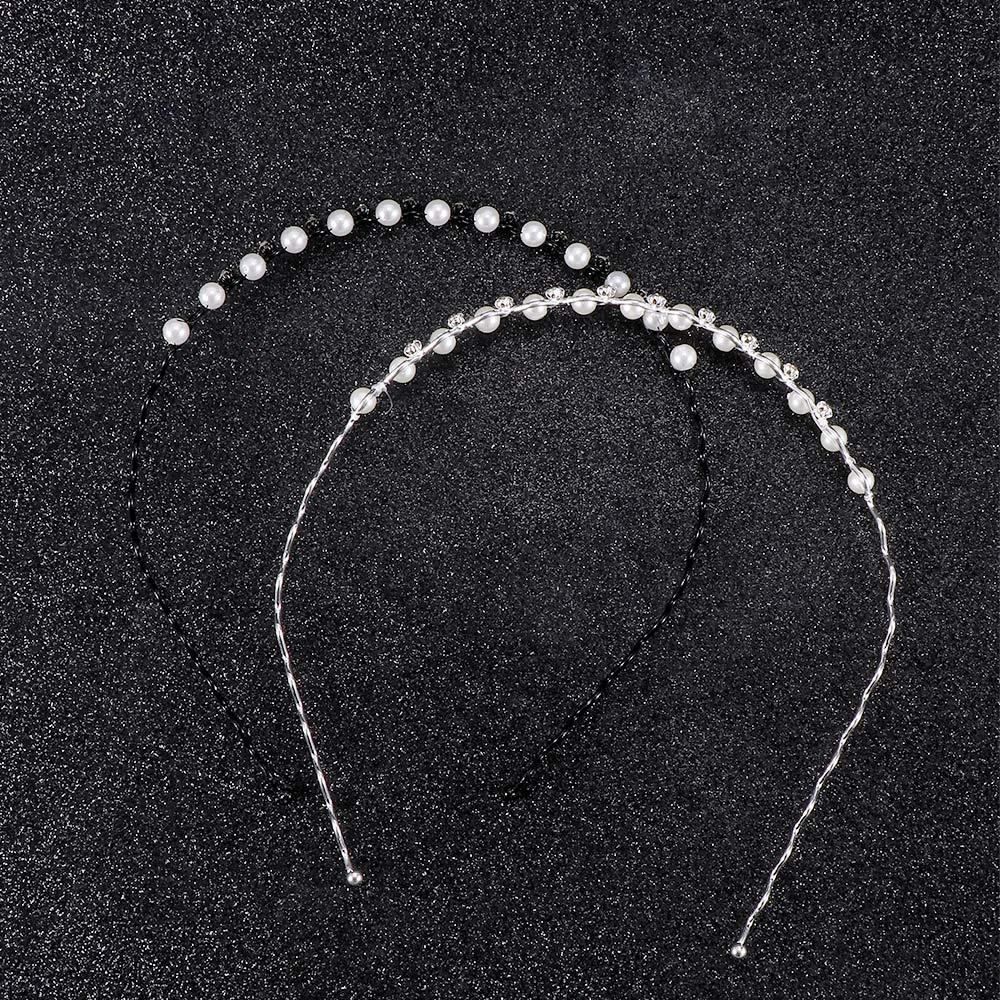 Jewelry Head Chain Rhinestone for Women Headwear Pearl Crystal Wave Hairband Black Silver Metal