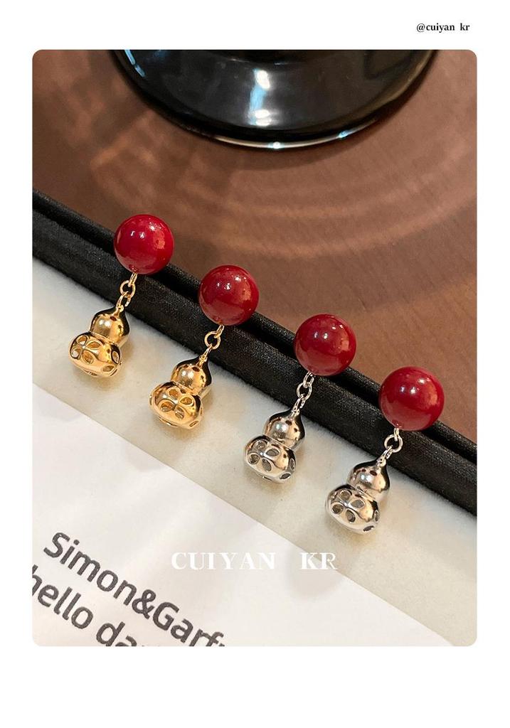 Серьги-гвоздики Cui Yan из стерлингового серебра S925 в китайском стиле с красным киноварью в форме тыквы для женщин - Новогоднее издание