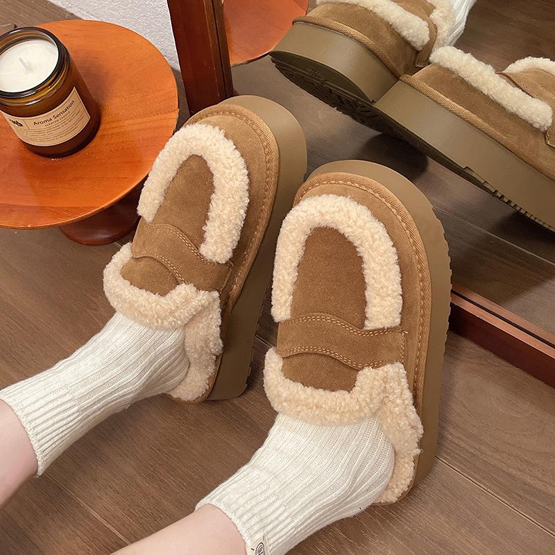 Winter Women Designer Fur Slippers Warm Boots Platform Flip Flops 2024 New Short Plush Flats Home Cotton Shoe Ladies Suede Mules