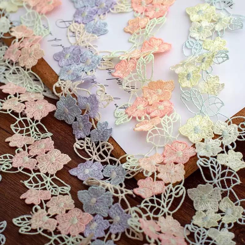 1Yard Purple Yellow Pink Floral Fabric Embroidery Lace Trim Hollow-Out Ribbon Dress Skirt DIY Decoration Material 4.5cm Wide
