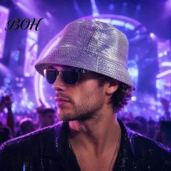 Checkered Glitter Hat Shiny Fabric Bucket Hat, Rainproof Reflective Party Colorful Fish Scale Water-repellent Pattern Sun Protection Fisherman