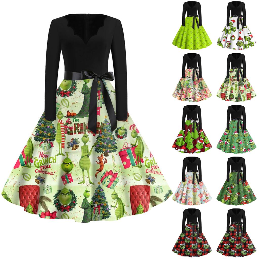 Women's Fashion V-neck Casual Slim-fit Christmas Print Long-sleeved Dress