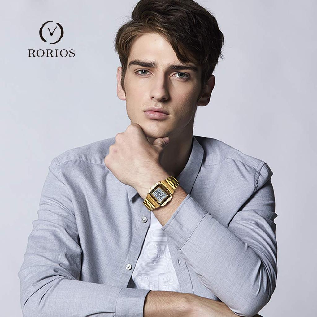 RORIOS Digital Electronic Watch Date Luminous Waterproof Stylish Retro Watch Business Watch Simple Casual Sports Popular Commuting Watch for Men Gold