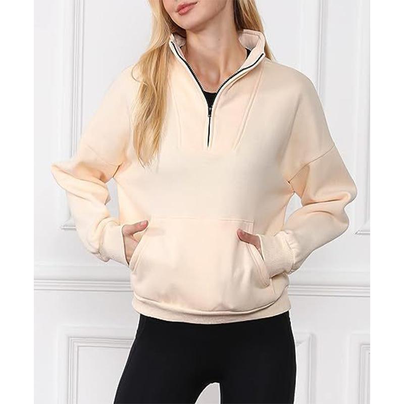 Women's Sweatshirt Stand Collar Solid Color Fashion Pocket Zipper Tops Casual Loose Fleece Ribbed Pullover