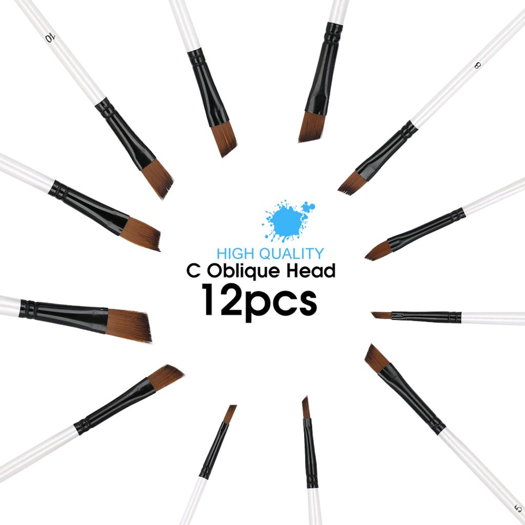 12Pcs Nylon Hair Paint Brushes Set Wood Handle Pearl White Variety Style Oil Acrylic Drawing SuppliesC Oblique Head