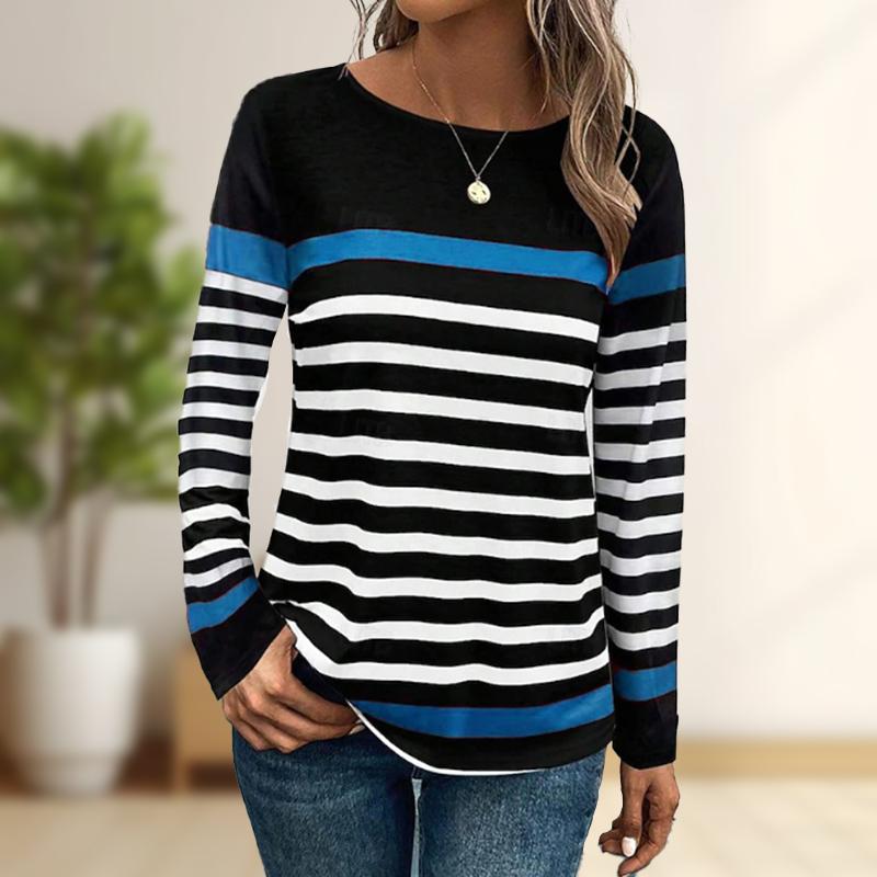 Tops For Women Blue Stripe Print Round Neck Long Sleeve T-shirt Fall Casual Slim Pullover Women's Long Sleeve Top
