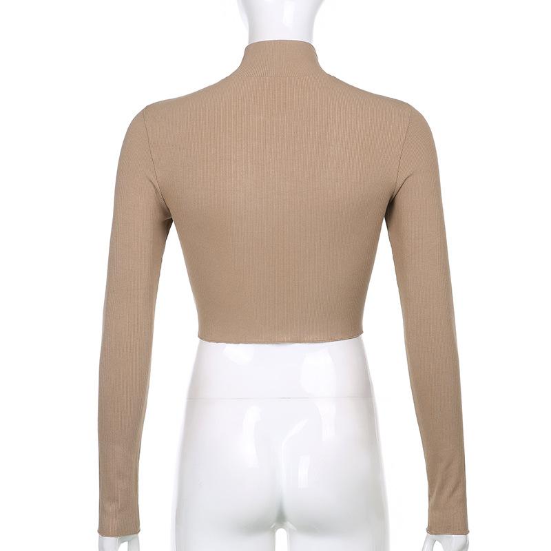 Однотонная телесная укороченная футболка с воротником и воротником, женская осенняя повседневная футболка с длинным рукавом, женская узкая базовая футболка Femme