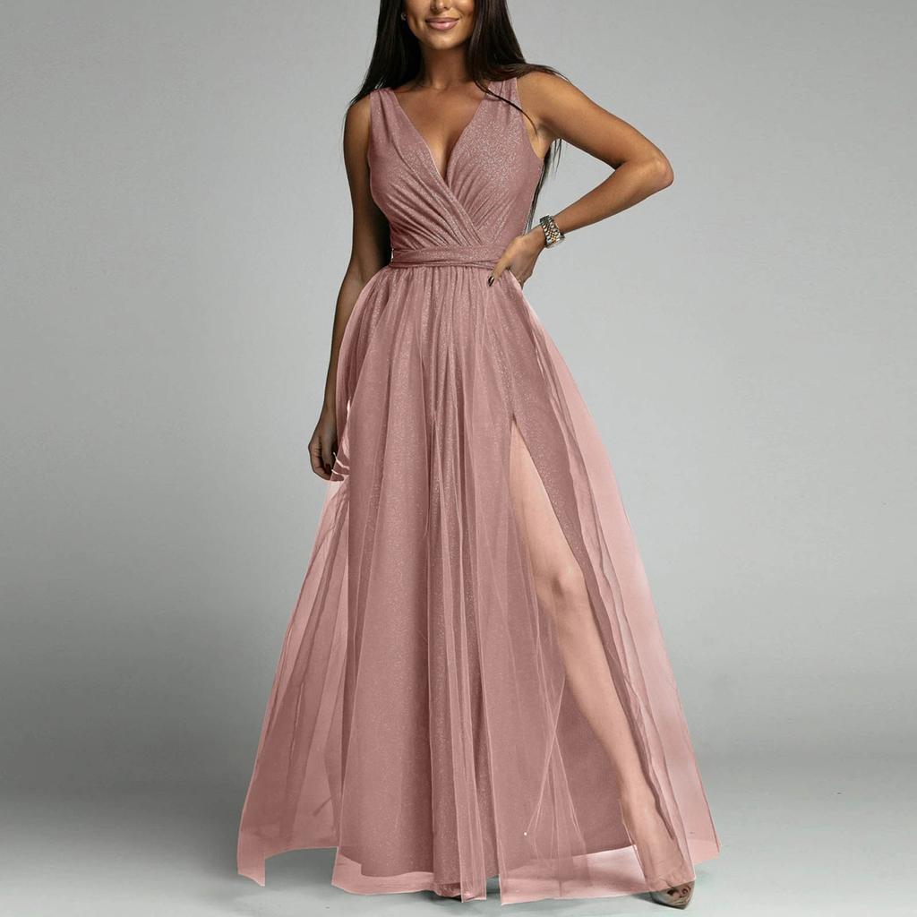 Женское сексуальное блестящее платье с высокой талией и v-образным вырезом, длинное платье