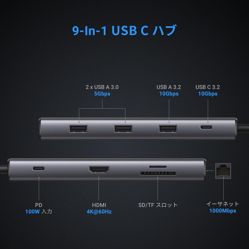 Ugreen Revodok Pro C Hub 9 In 1 10Gbps High Speed Transfer Port HDMI Output 100W PD Fast Charging 1Gbps Ethernet with Card Reader Compatible with