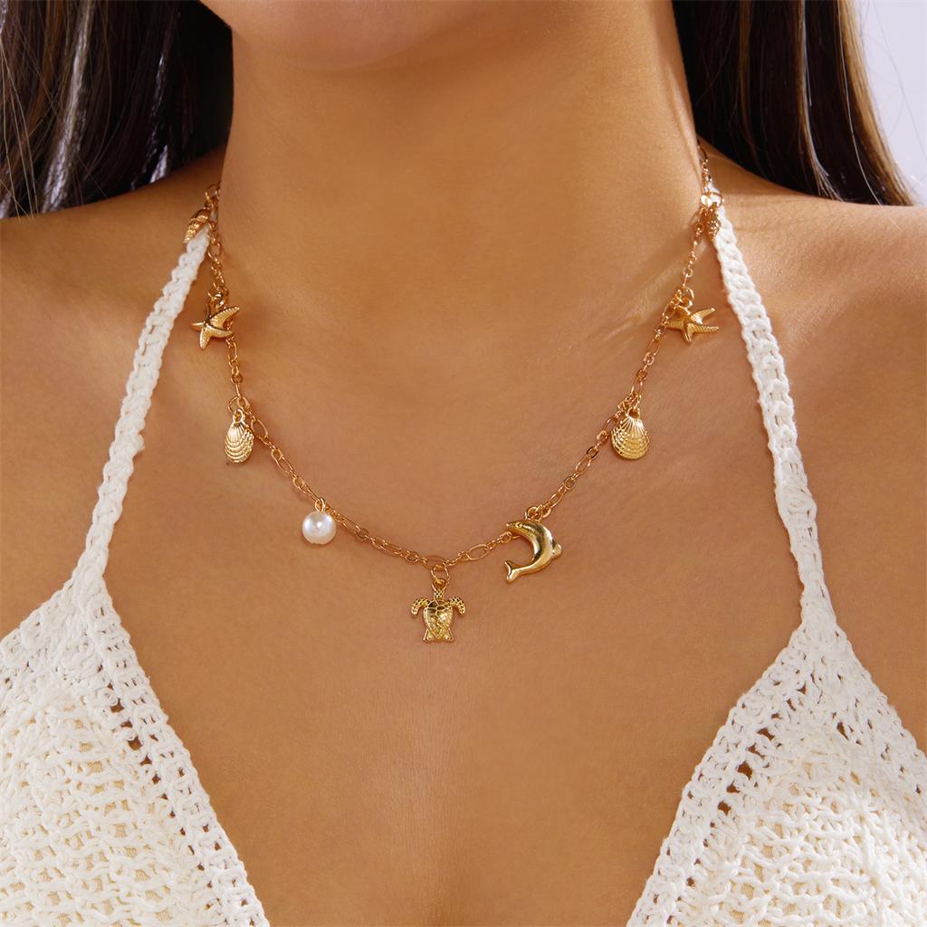 Ocean Style Multi-element Pendant Necklace for Women Starfish Conch Turtle Shell Dolphin Necklace Trendy Summer Beach Jewelry