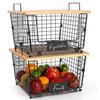 Multi-purpose Folding Iron & Bamboo Storage Rack with Double-layer Baskets for Kitchen & Living Room