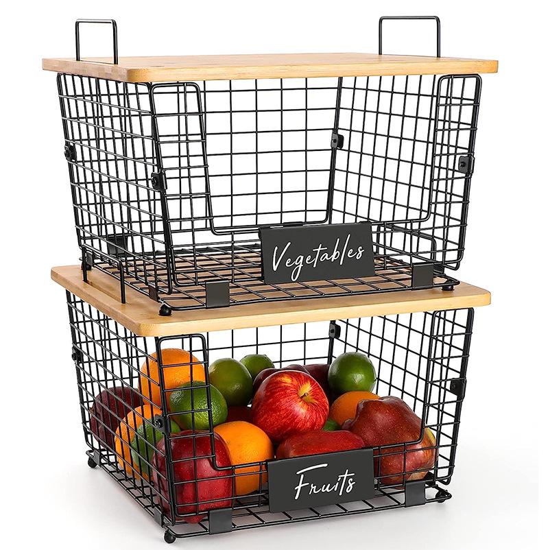 Multi-purpose Folding Iron & Bamboo Storage Rack with Double-layer Baskets for Kitchen & Living Room
