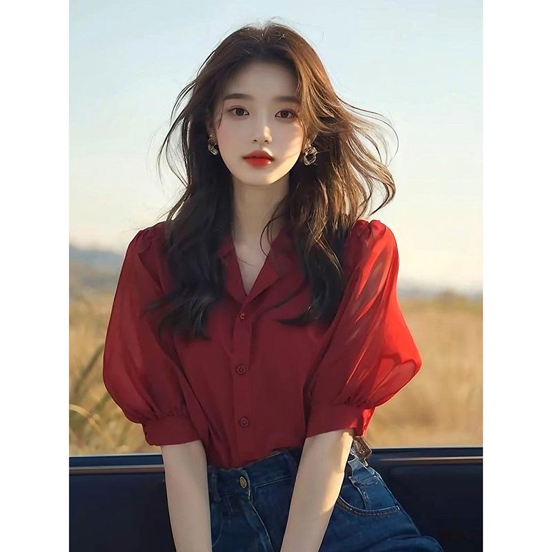 Стильная красная блузка с пышными рукавами для женщин миниатюрного роста, летняя, повседневная, универсальная женская блузка